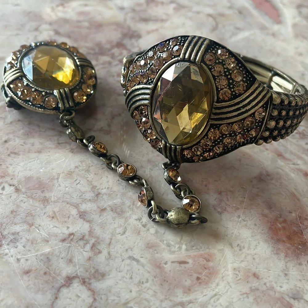 EUC Vintage Elegant Yellow & Brown Ring Cuff Bracelet W/Large Yellow Gemstones - Picture 12 of 13